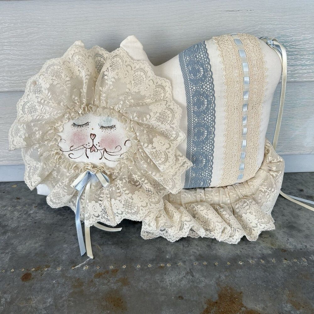 Vintage Cat Shaped Pillow Handmade Victorian Lace Cottagecore Painted Kitten